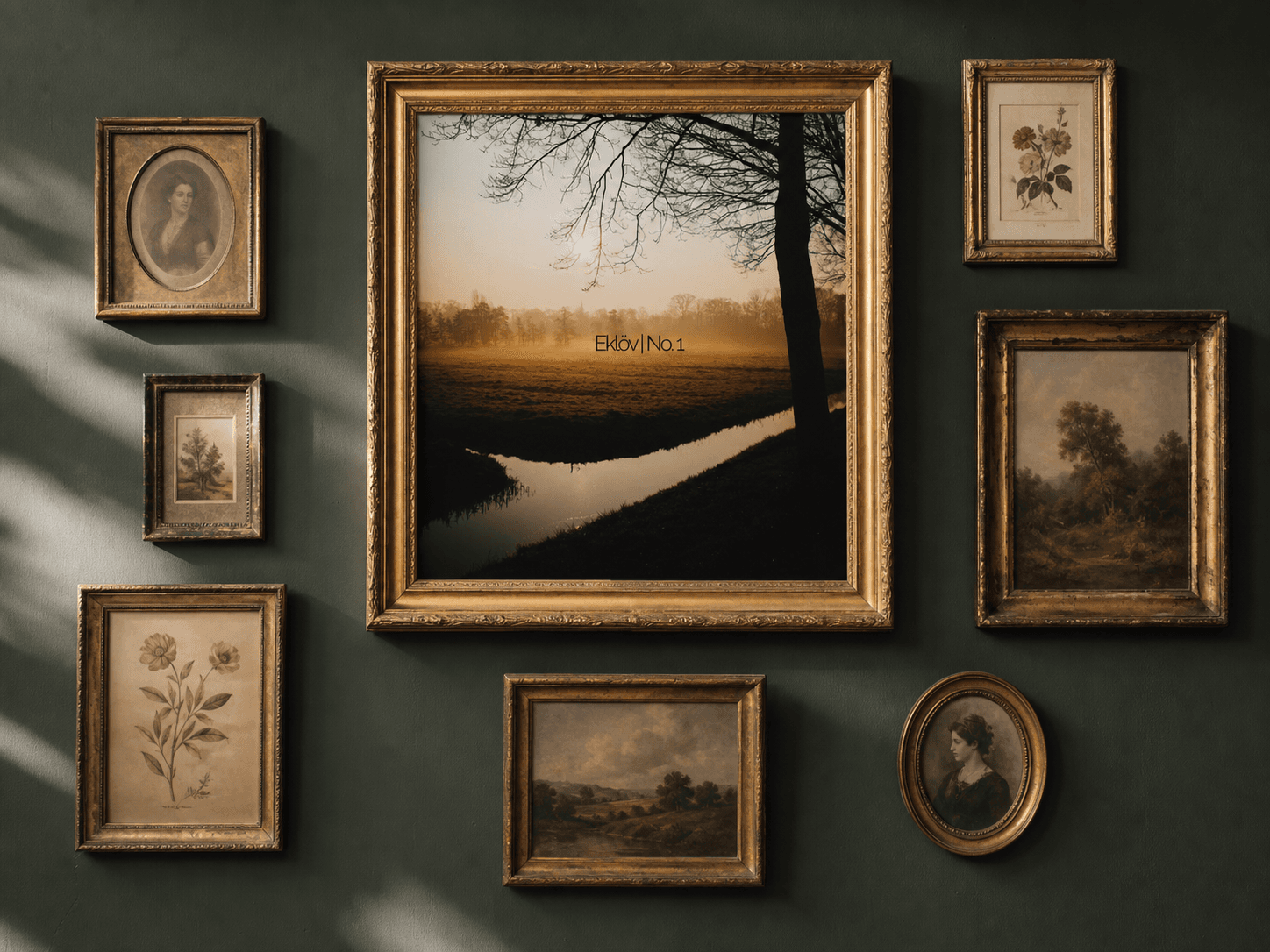 A collected wall of antique frames surrounding the Eklöv artwork