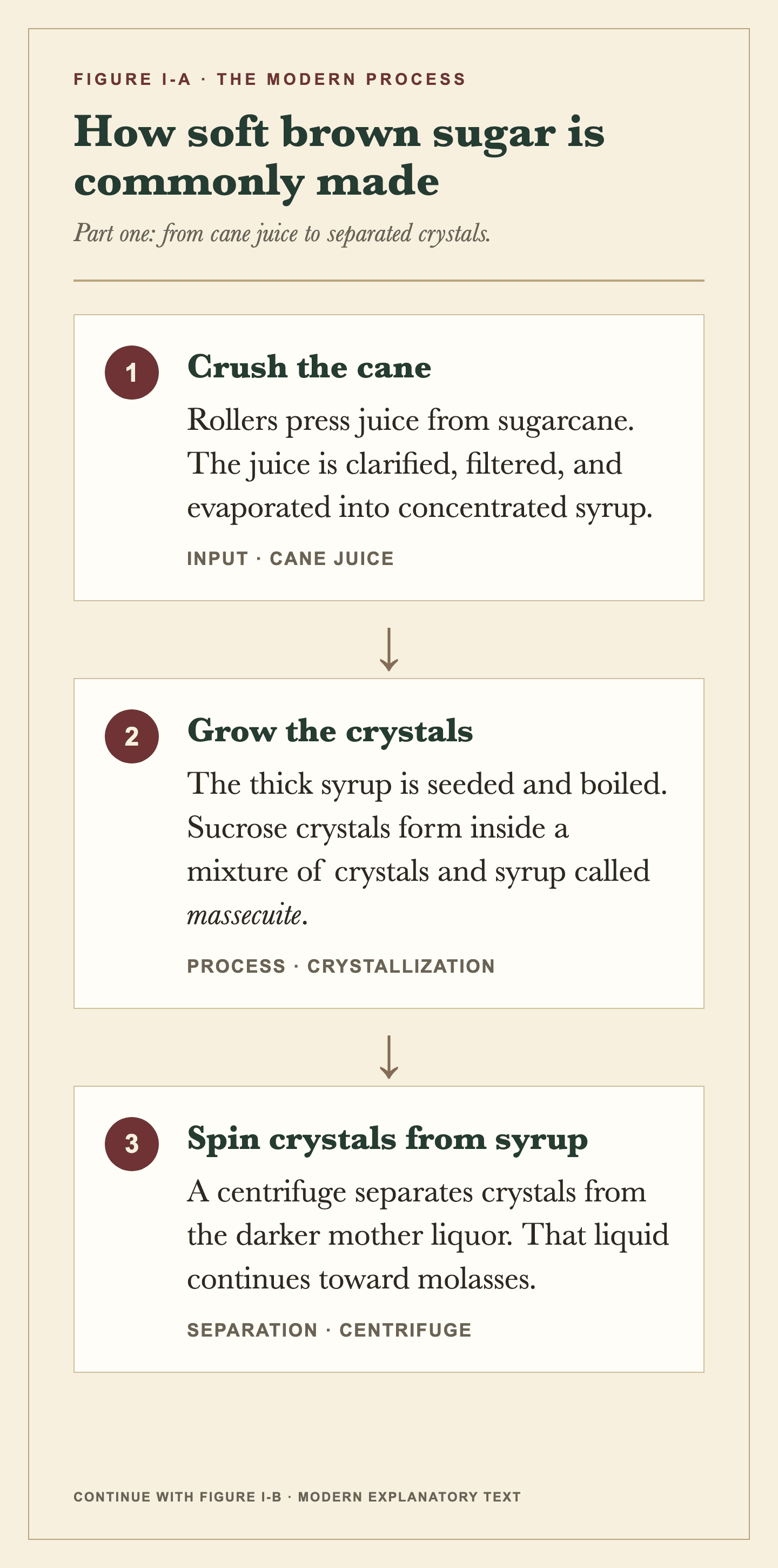 The first part of a process diagram showing sugarcane cut and crushed, its juice clarified and concentrated, and sucrose crystals grown in syrup.