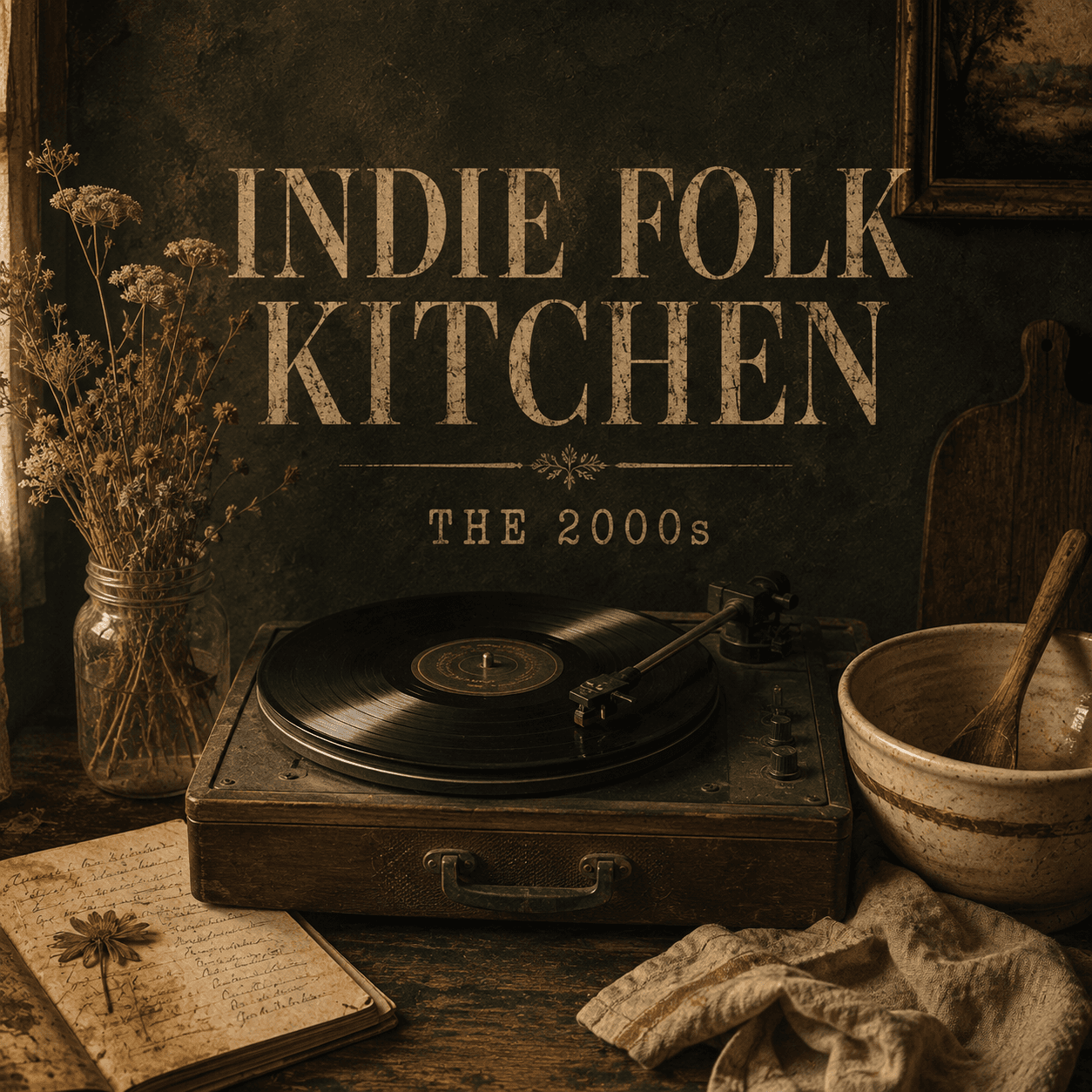 Warm antique kitchen scene and vinyl record artwork for the Indie Folk Kitchen: The 2000s playlist