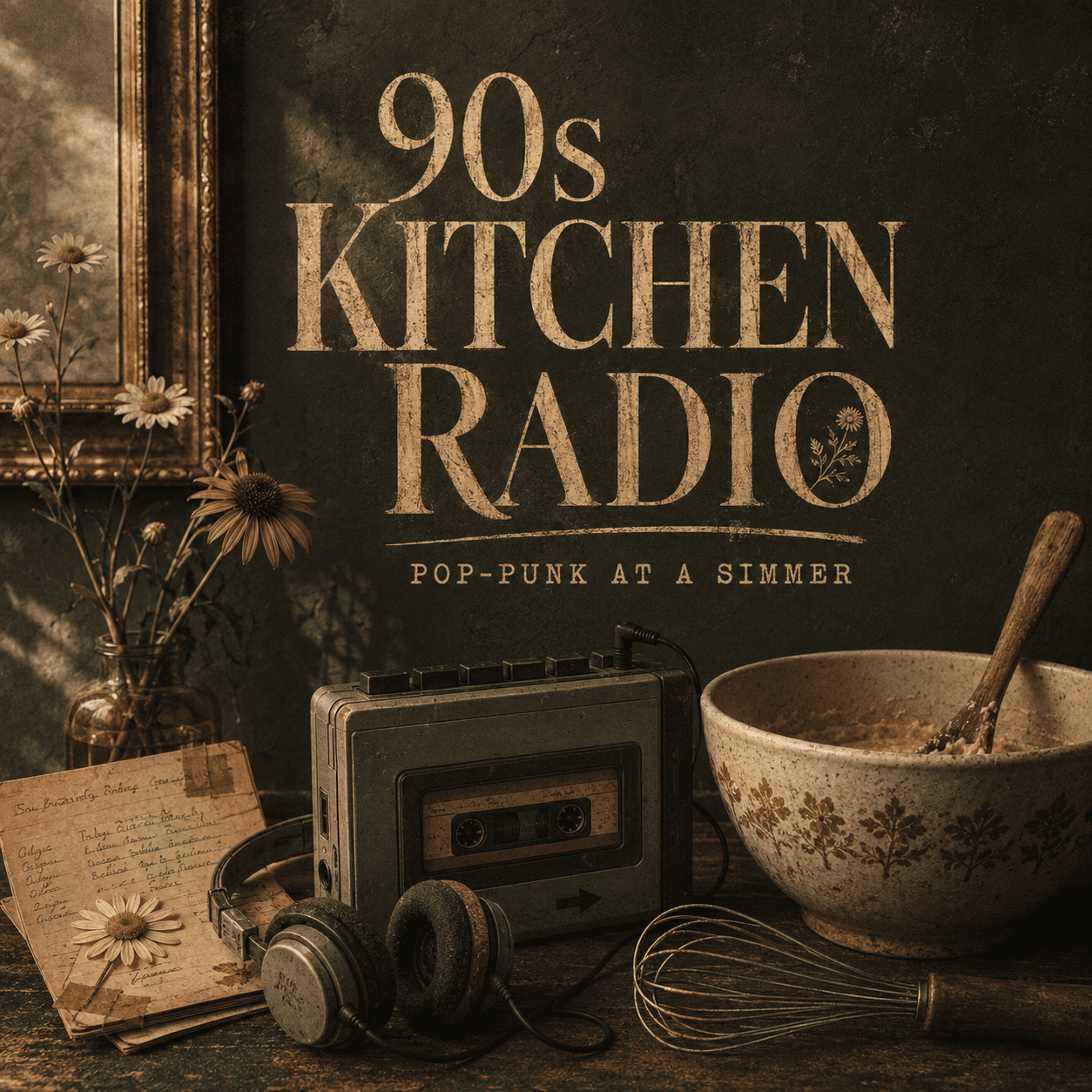 Vintage cassette player, headphones, wildflowers, and mixing bowl for the 90s Kitchen Radio playlist